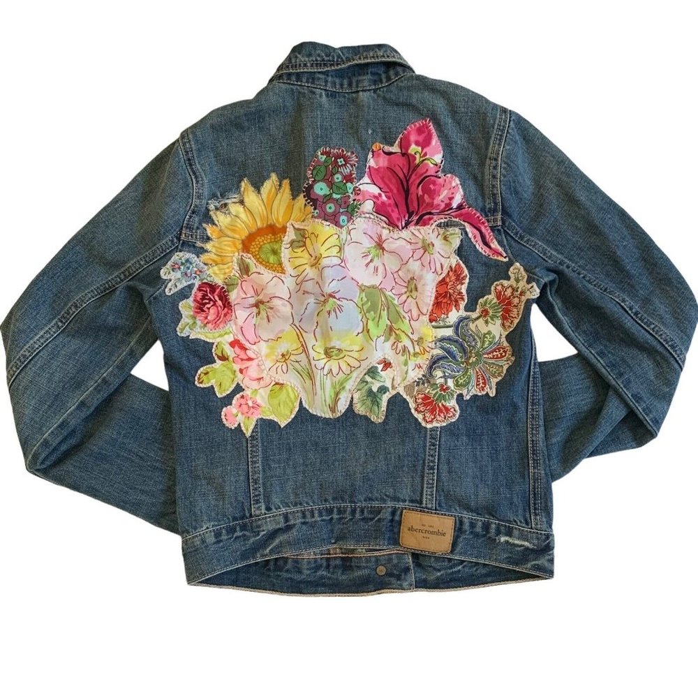 Custom Kids Denim Jacket Floral Applique L/14 Handmade Art to Wear OOAK Cottage